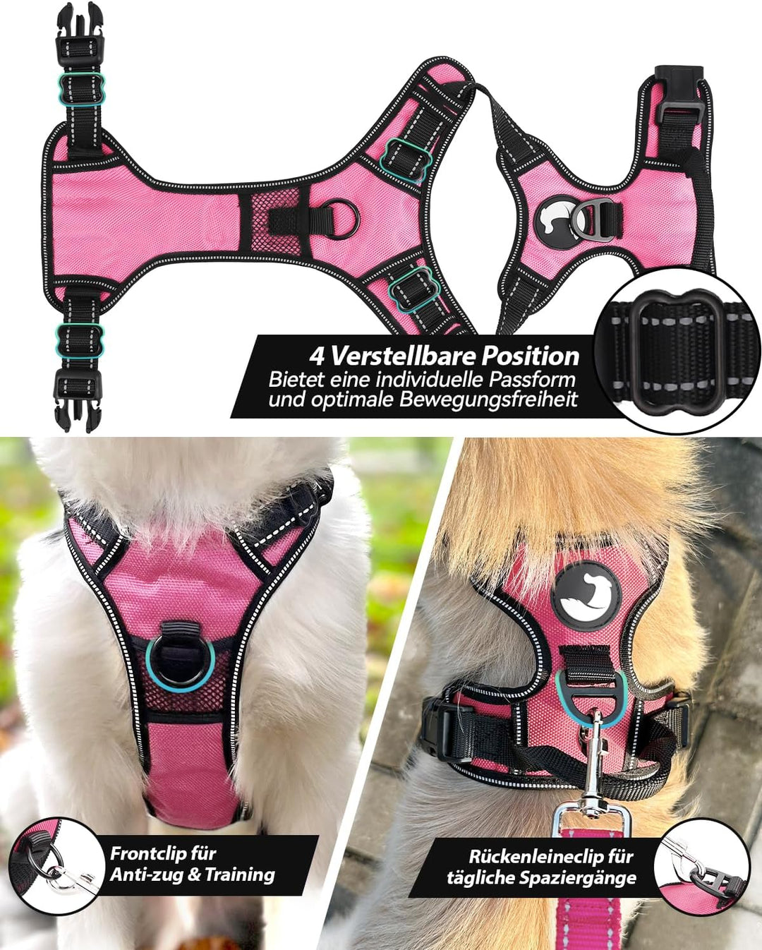 Joytale Anti-Zug Hundegeschirr für grosse Hunde, Pink, L | Perfekter Sitz, gepolstert &amp; reflektieren