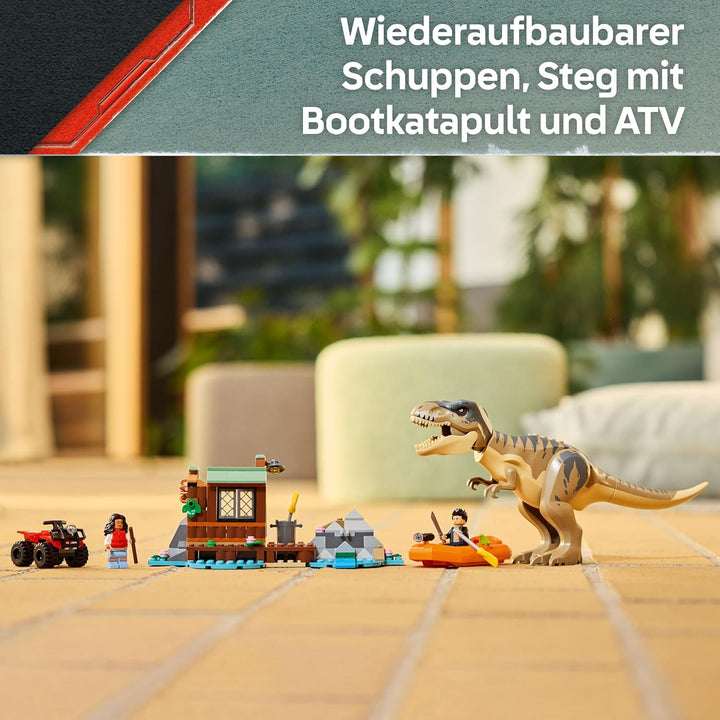 LEGO Jurassic World Flucht vor dem T.Rex – Interaktives Spielzeug mit Dinosaurier-Figur, Boot, ATV u