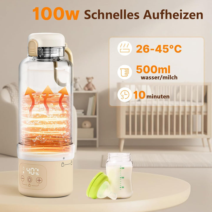 Tragbarer Flaschenwärmer Baby, 500ml Kapazität Flaschenwärmer Baby Unterwegs, Erwärmt Wasser Oder Mi
