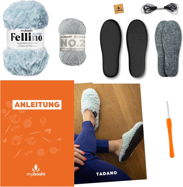 myboshi Häkelset Pantoffellino Tadano, für Anfänger, Botties Sohlen-Set, Fellino Wolle, Häkelnadel,