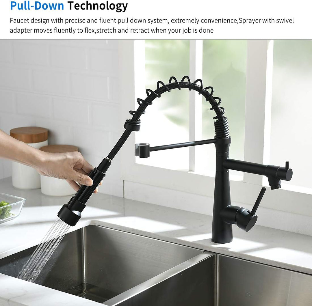 TIMACO Wasserhahn Küche Schwarz - 360° schwenkbar mit Spiralfeder Brause ausziehbar Gastro Hochdruck