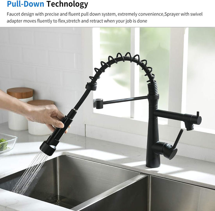 TIMACO Wasserhahn Küche Schwarz - 360° schwenkbar mit Spiralfeder Brause ausziehbar Gastro Hochdruck