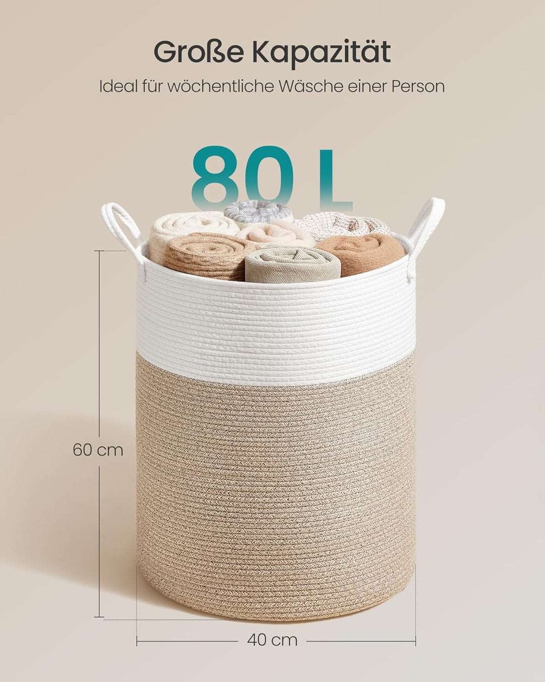 SONGMICS Wäschekorb, Wäschesammler für Kinder, Aufbewahrungskorb, Baumwollseil, mit Henkel, für Deck