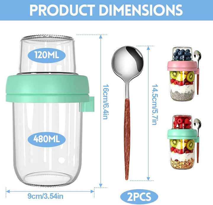 Müslibecher to Go 480ml+120ml, Overnight Oats Glas mit Deckel, Joghurtbecher to Go mit Trocken und N