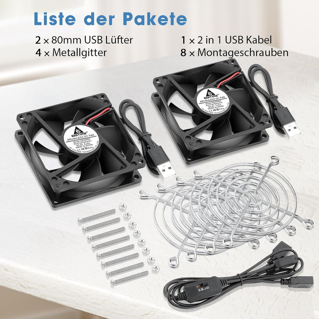 GDSTIME 80mm USB Lüfter 80 x 25mm Gehäuselüfter USB 80mm PC Ventilator 2500 U/min Bürstenloser Lüfte