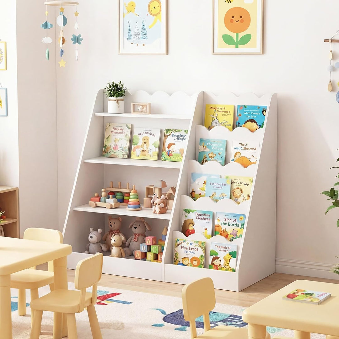 COSTWAY Kinder Bücherregal aus Holz, 5 stufiges Kinderregal mit 4 offenen Ablagen & versteckem Ablag