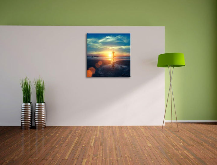 Pixxprint Yoga Silhouette am Strand als Leinwandbild/Grösse: 70x70 cm/Wandbild/Kunstdruck/fertig bes