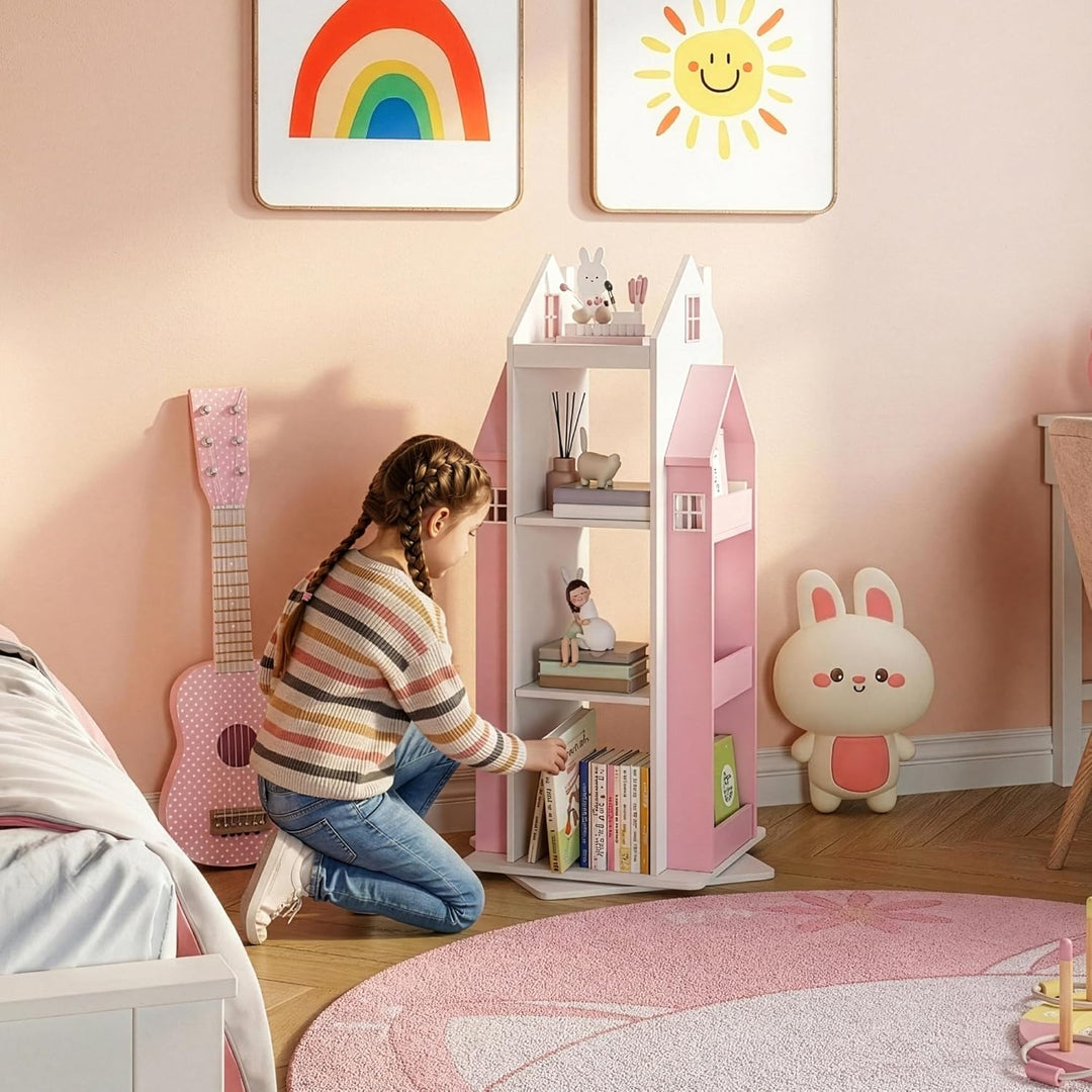 [en.casa] Drehbares Bücherregal für Kinder Vipsali Spielzeugregal in Hausoptik Drehregal mit Aufbewa
