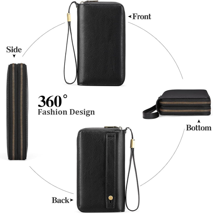 GAEKEAO Geldbörse Damen Gross, Portemonnaie Damen Veganes Leder Doppel Reissverschluss Kreditkartene