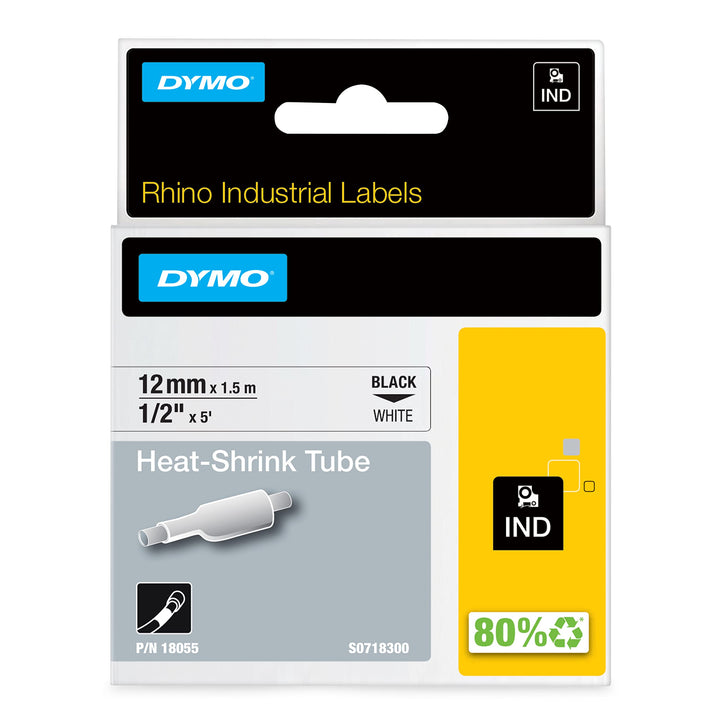 DYMO Rhino Industrie Schrumpfschlauch-Kabeletiketten | 12 mm, 1,5 m | Schwarz auf weiss | für DYMO R