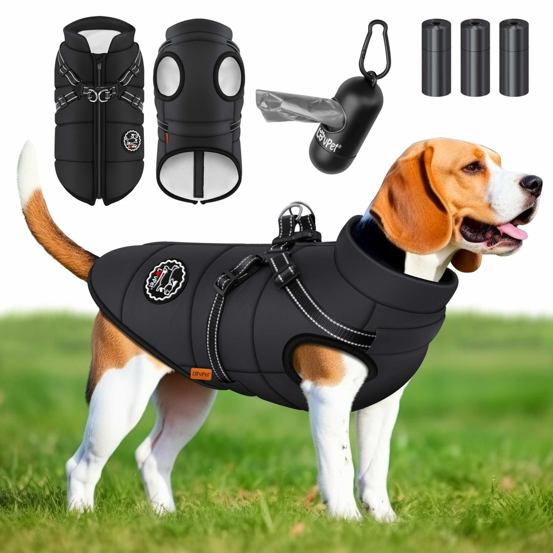 LOVPET® Hundejacke Hundemantel mit Geschirr, inkl. 45 Stück Kotbeutel + Spender, Hunde Winterweste g
