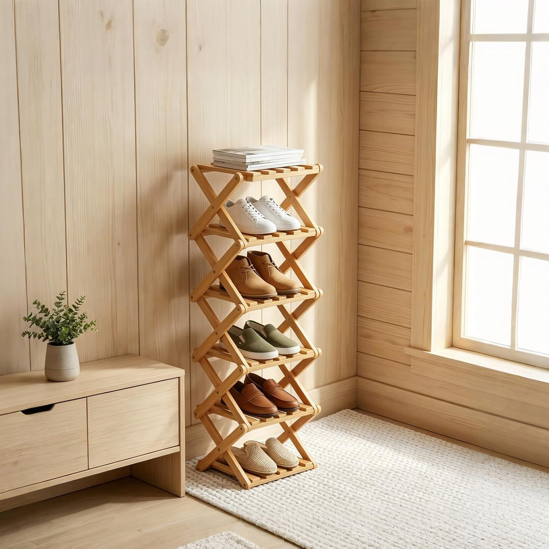 Faltbares Schuhregal Bambus Schmal Ohne Montage 26x26x88cm Natur | Integrierter Klappmechanismus, fe