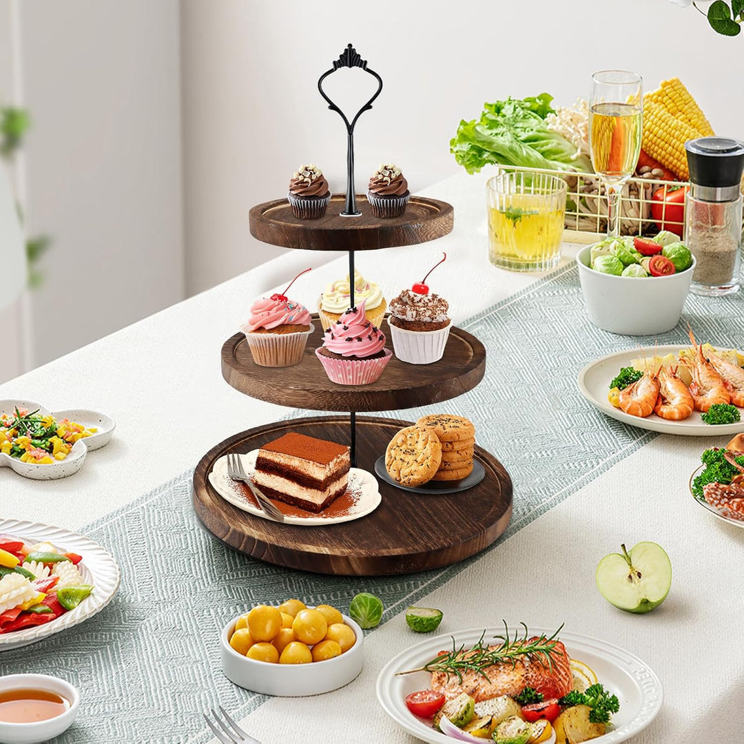 Etagere 3 Etagen aus Holz, Rundes Tortenständer mit Metallgriff, Cupcake Ständer 3-stöckig, Serviers