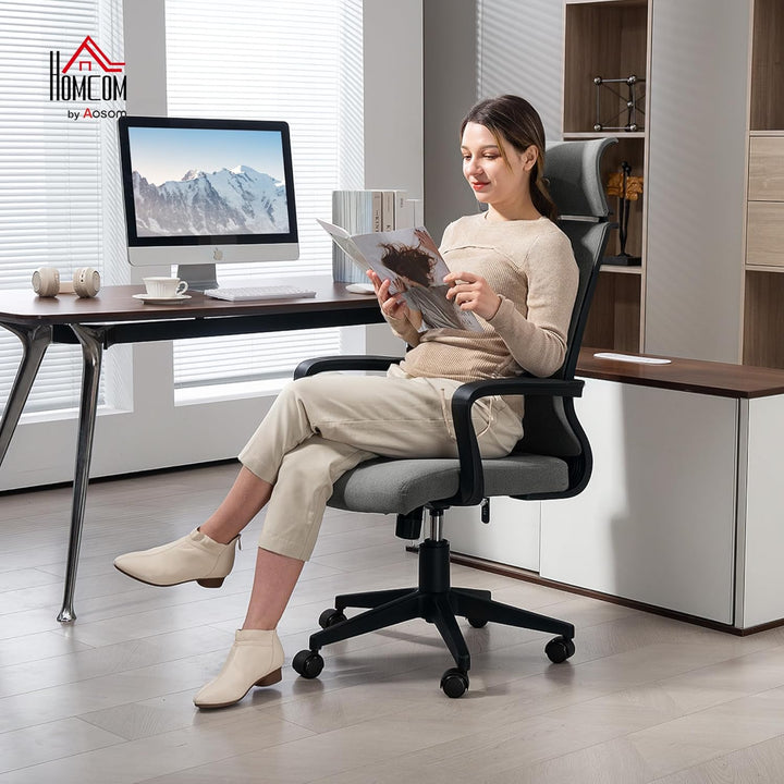 HOMCOM Bürostuhl, Ergonomischer Schreibtischstuhl mit Armlehne, Kopfstütze, Höhenverstellbarer Drehs