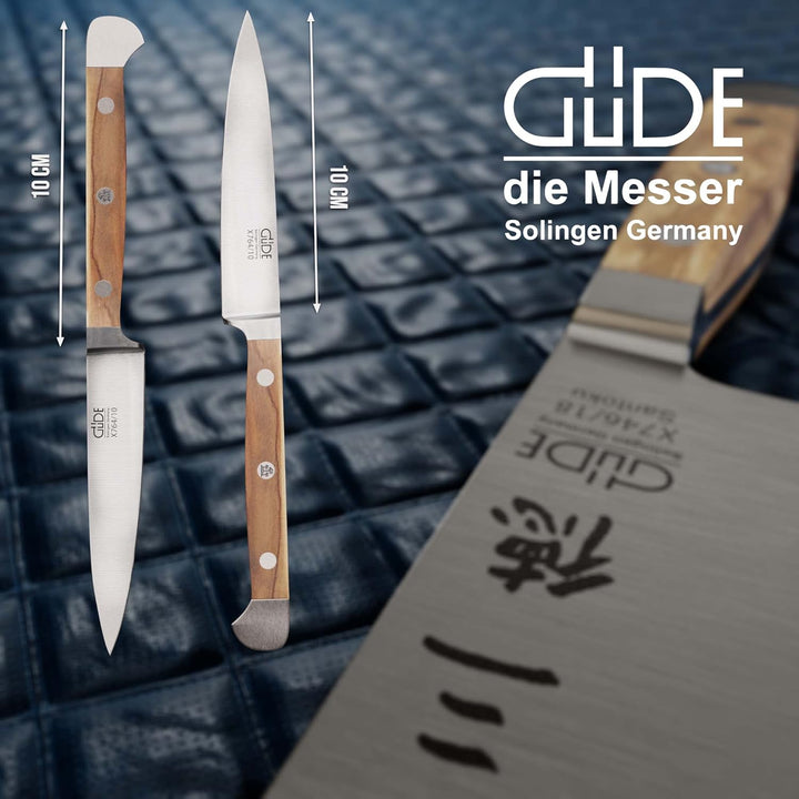 GÜDE Solingen - Spickmesser geschmiedet, 10 cm, Olivenholz, ALPHA OLIVE, Office Messer, Doppelkropf,