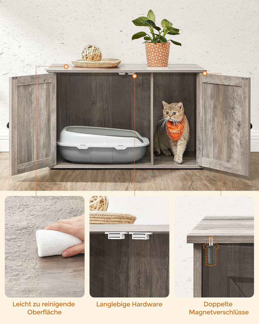 Feandrea Katzenhaus, Katzenklo-Schrank mit herausnehmbarer Trennwand, Tisch, 80 x 53 x 50 cm, Greige