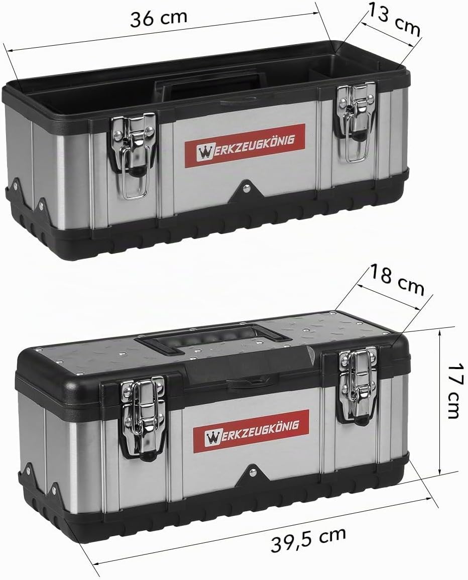 Werkzeugkoffer leer Edelstahl 39,5 x 18 x 17 cm Werkzeugkasten mit herausnehmbarer Ablage, Werkzeugk