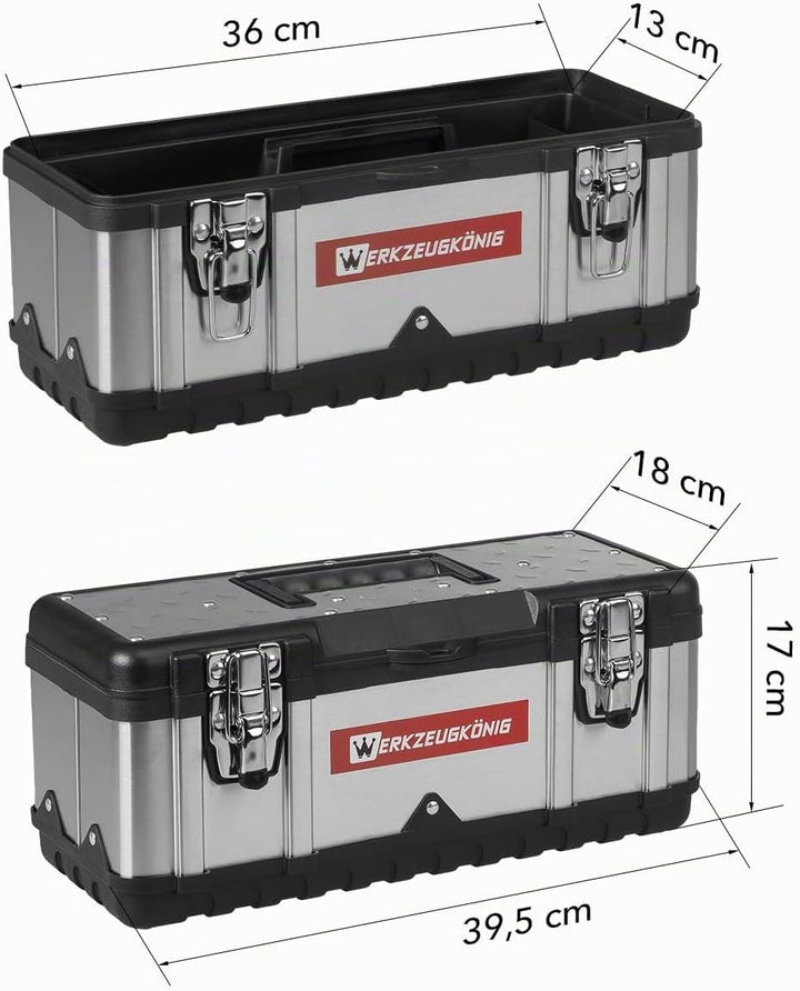 Werkzeugkoffer leer Edelstahl 39,5 x 18 x 17 cm Werkzeugkasten mit herausnehmbarer Ablage, Werkzeugk