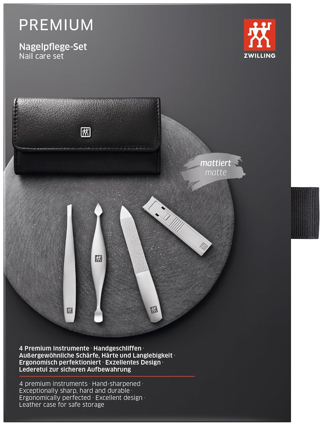 ZWILLING Maniküre Set, Pediküre Kit aus Rindleder 4-teilig mit Nagelknipser, Premium, Schwarz