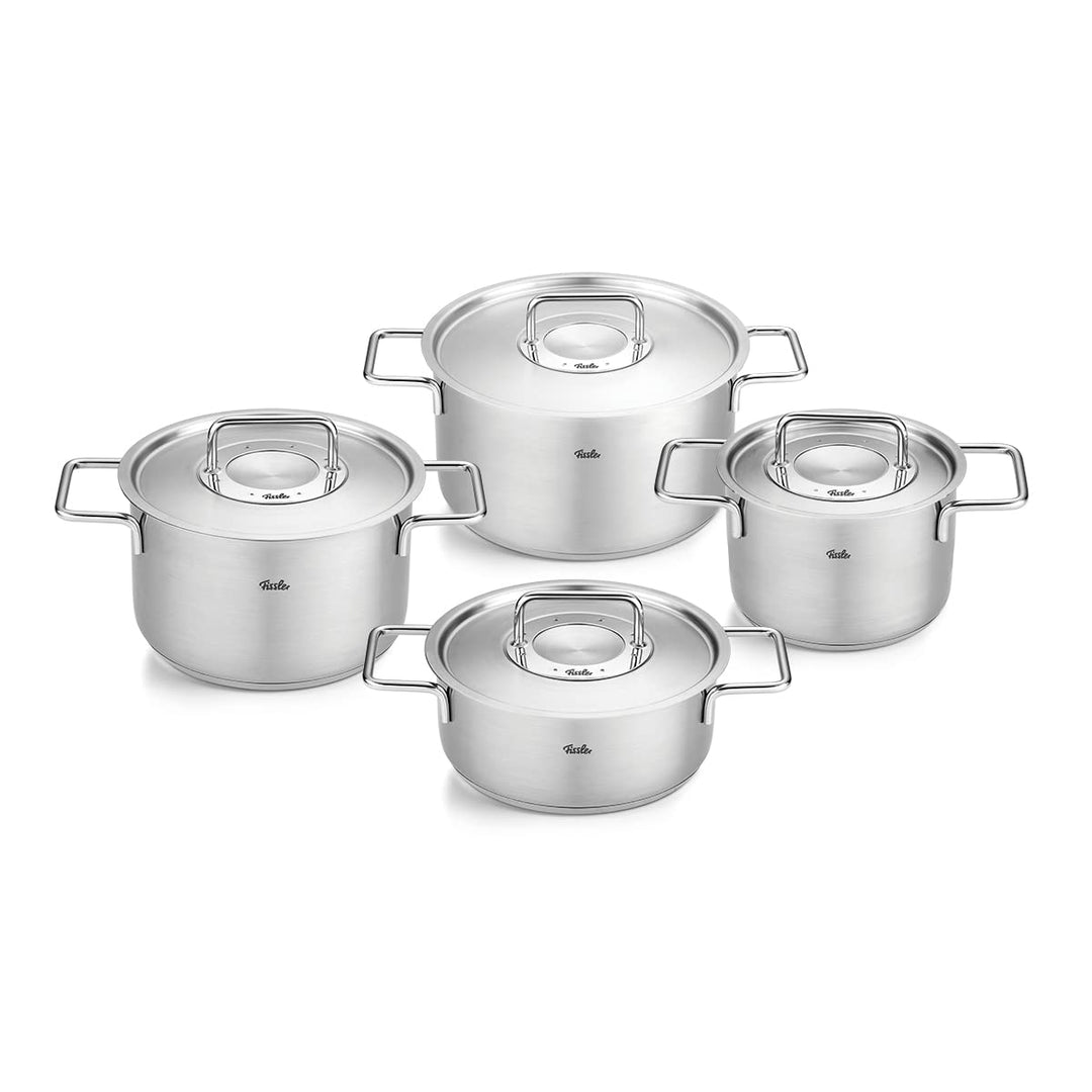 Fissler Pure Collection/Edelstahl-Kochtopfset, 4-teilig, Töpfe mit Metall-Deckel (3 Kochtöpfe,1 Brat