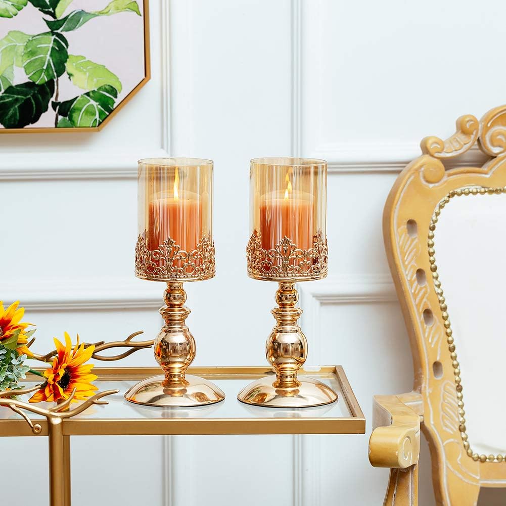 NUPTIO Säulenkerzenhalter mit Glas, 2er Set Hurricane-Kerzenhalter aus Gold Moderne Wohnkultur Gesch