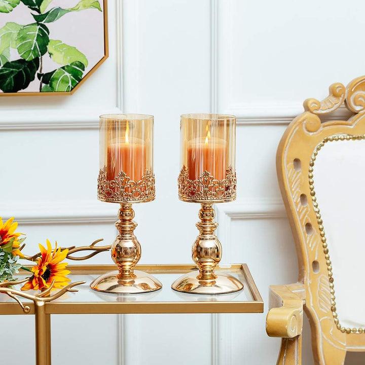 NUPTIO Säulenkerzenhalter mit Glas, 2er Set Hurricane-Kerzenhalter aus Gold Moderne Wohnkultur Gesch