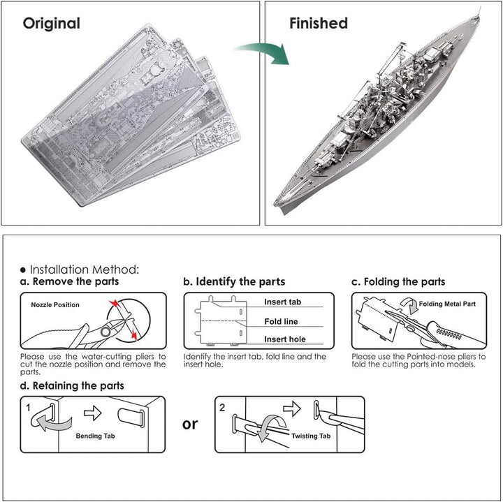 piececool 3D Puzzle Metall Bismarck-Schlachtschiff 3D Metall Puzzle Militärmodell 340 Edelstahl, Gan