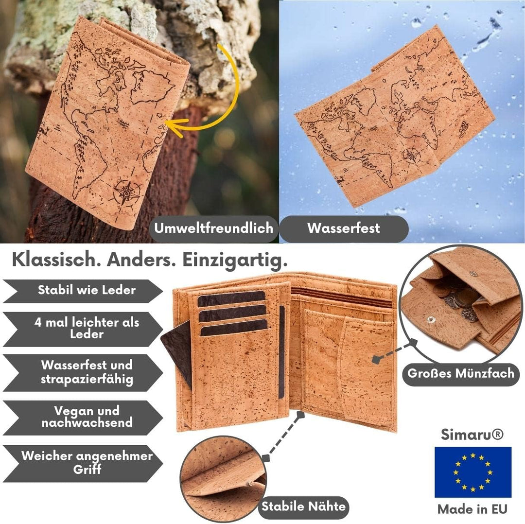 Simaru Geldbörse aus Kork mit RFID Schutz, Portemonnaie vegan für Damen & Herren, Geldbeutel für 10+