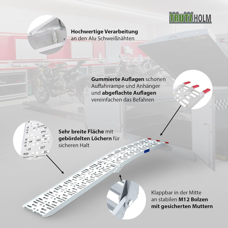 TRUTZHOLM 2 x Auffahrrampe klappbar 228 cm Traglast 680 kg Alu grau gelocht Motorradrampe 2x Rampe S