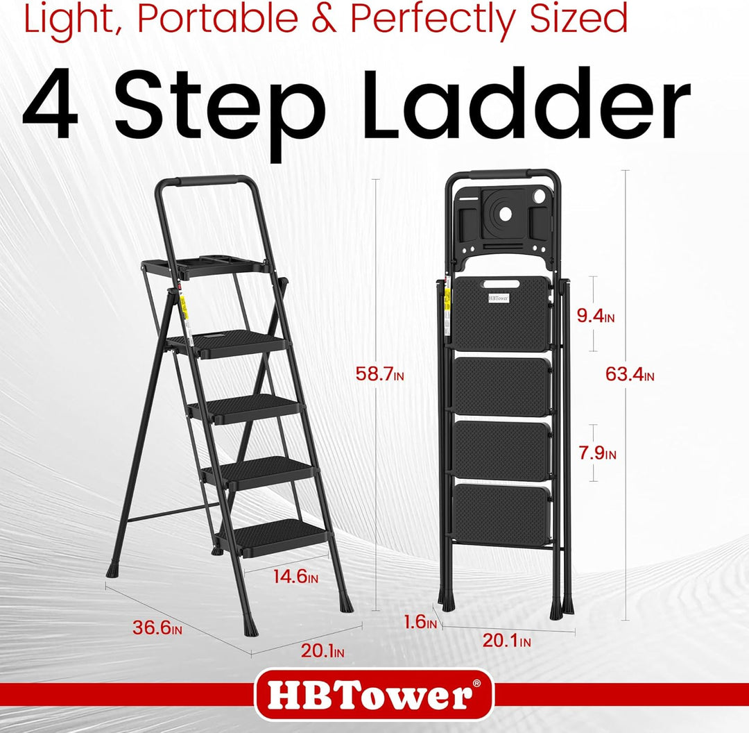 HBTower Trittleiter 4 Stufen klappbar, Leiter mit Breitem Anti-Rutsch-Pedal, Trittleiter mit Bequeme