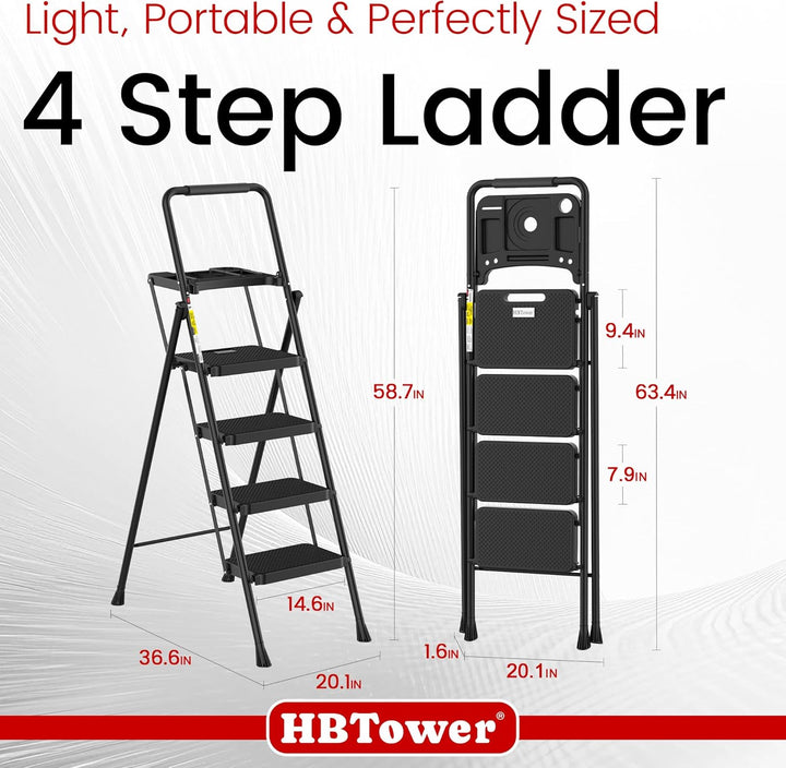 HBTower Trittleiter 4 Stufen klappbar, Leiter mit Breitem Anti-Rutsch-Pedal, Trittleiter mit Bequeme