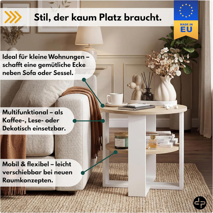 Couchtisch rund Ø53 cm - Kleiner Beistelltisch mit Ablage - Sonoma Eiche - 2 Ebenen, runder moderner