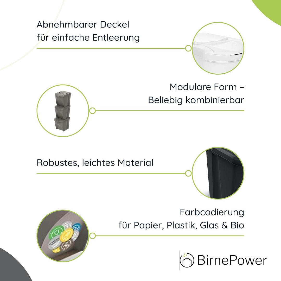 BirnePower Mülleimer Müllbehälter Abfalleimer 100L Set 4 x 25L Mülltrennsystem Behälter Sorti Box mi
