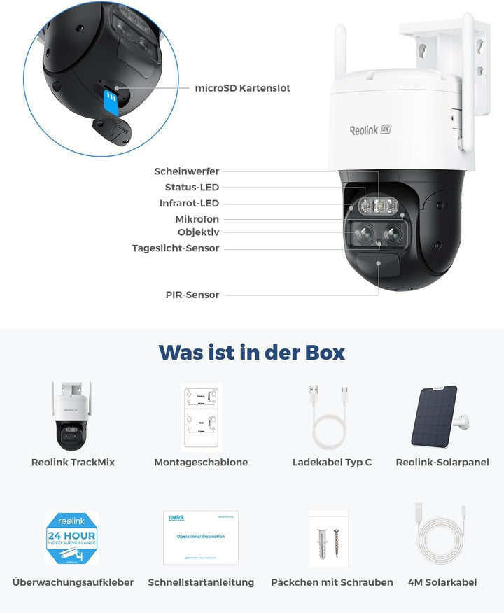 Reolink 4K PTZ Überwachungskamera Aussen Akku mit Auto-Tracking & Auto-Zoom, Dual Lens, 8MP Solar WL