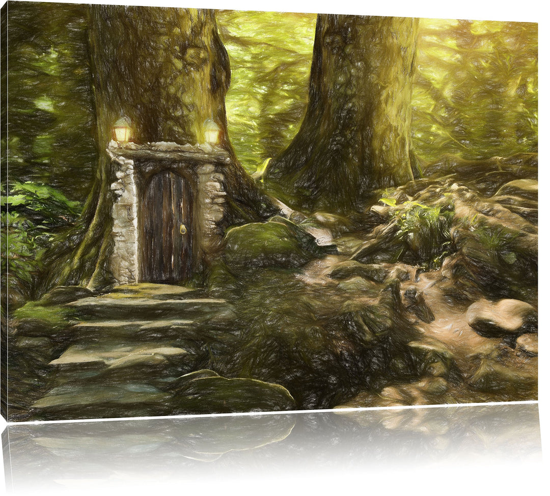 Pixxprint Geheimes Tor im Wald / 100x70cm Leinwandbild bespannt auf Holzrahmen/Wandbild Kunstdruck D