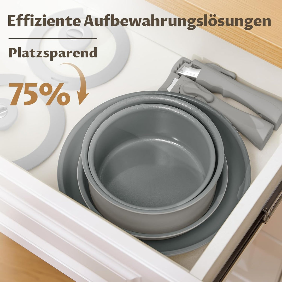Keramik Topfset mit Abnehmbarer Griff, 14 Teilig Töpfe, Antihaft Pfannenset mit Deckel für Induktion