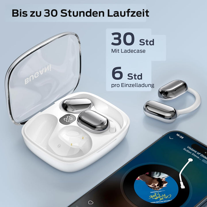 BUGANI Open Ear Kopfhörer, Ohrhaken Kopfhörer Kabellos Bluetooth IPX6 Wasserdicht, 30H Laufzeit, Blu