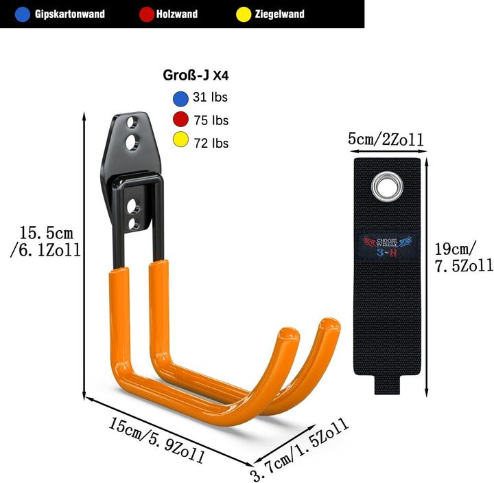 3-H 4 Stück Wandhaken Garage Haken Schwerlast Doppelhaken Garage Storage Hooks, Wand Gerätehaken Sch