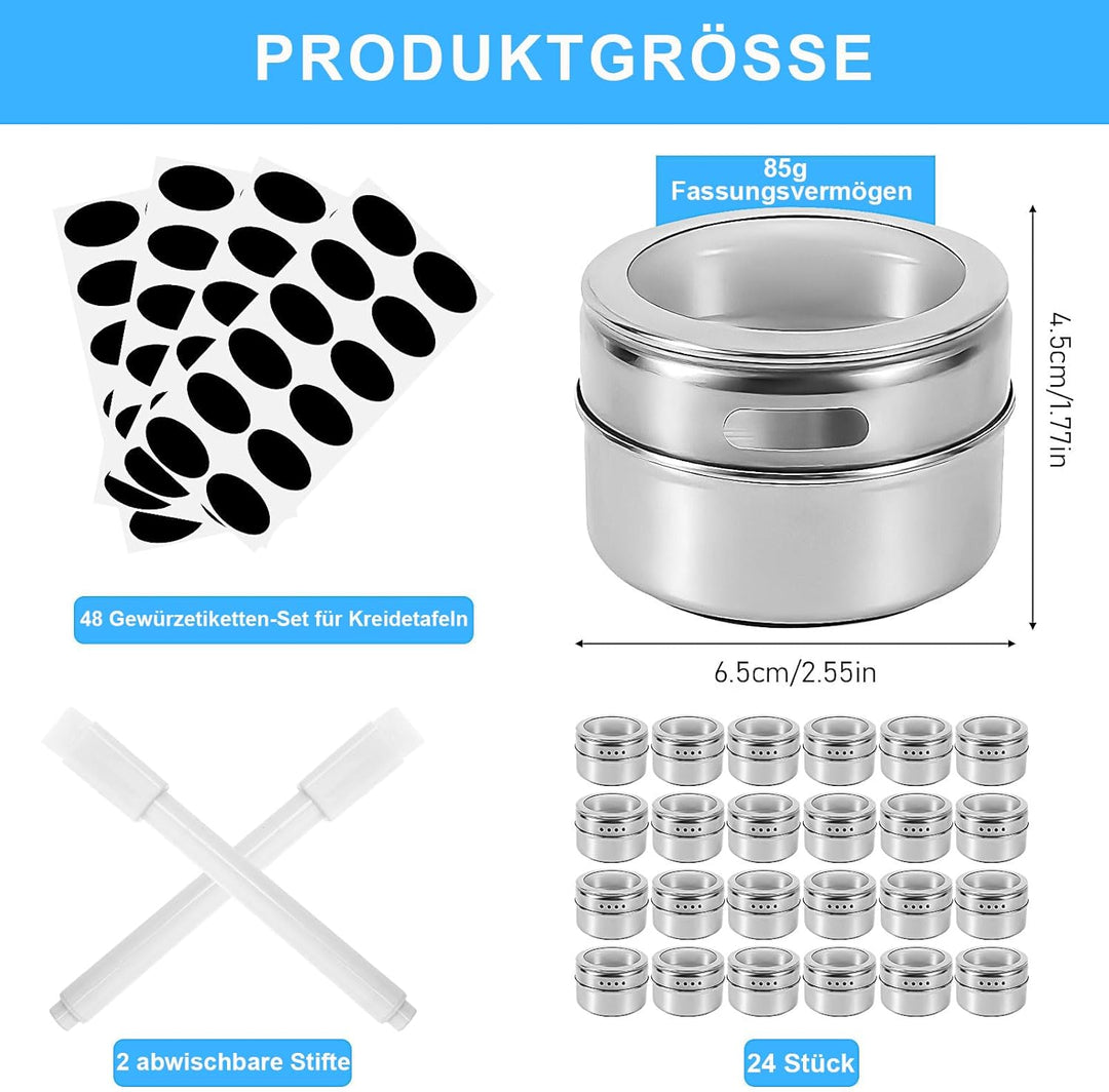 24 Stück Magnetische Gewürzdosen aus Edelstahl, Magnet Gewürz Aufbewahrung Dosen Set mit Transparent