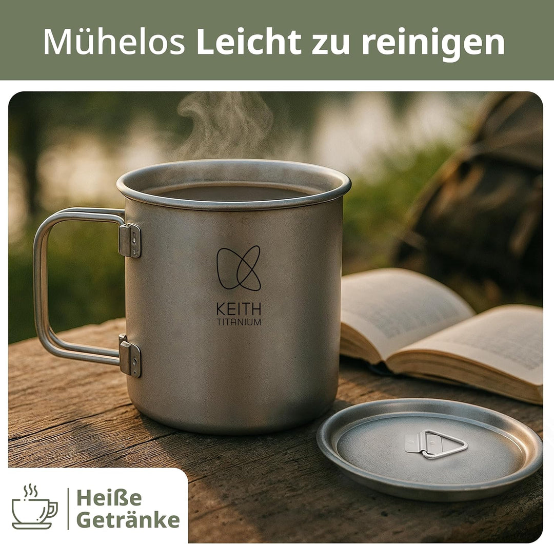 Keith Titanium Einwandiger Titanbecher, Tragbarer Kaffeebecher mit Deckel & klappbarem Henkel, Trink