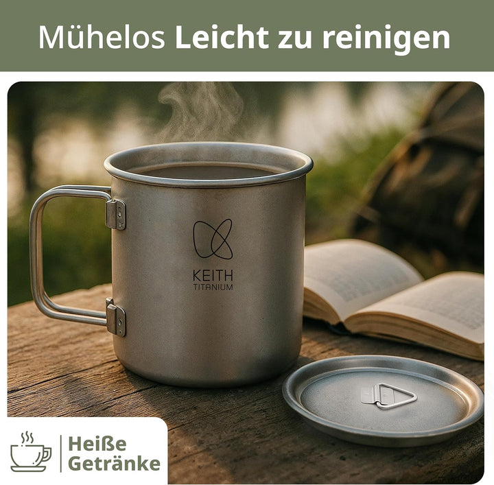 Keith Titanium Einwandiger Titanbecher, Tragbarer Kaffeebecher mit Deckel & klappbarem Henkel, Trink