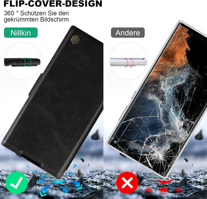Nillkin Klappbar Hülle Kompatibel mit Samsung Galaxy S23 Ultra (6,8 Zoll), [Kameraschutz] PU Leder W