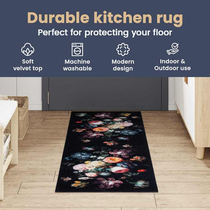 vidaXL Küchenmatte Floral Schwarz 150 x 45 cm Samt, Elegante Küchenmatte, Rechteckig, rutschfeste Un