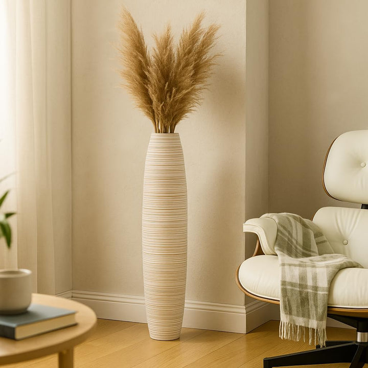 Leewadee Grosse Bodenvase für Dekozweige hohe Standvase Design Holzvase, Holz, 70 cm, White Wash 70