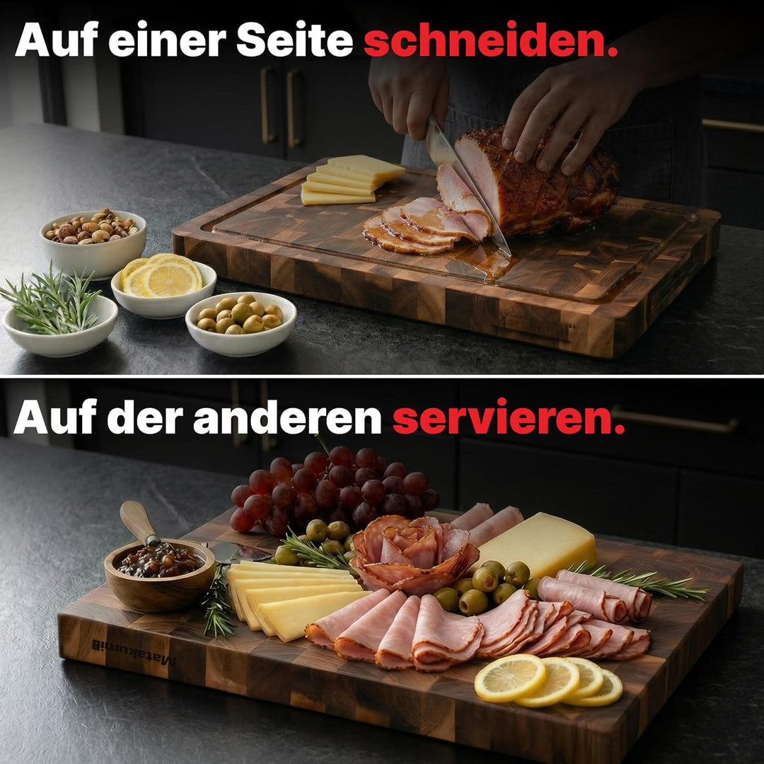 Matakumi Holzschneidebrett – Schneidebrett aus Holz aus Akazie mit Seitengriffen, Saftrille und Stir