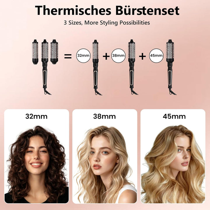 AraSyleon 3-in-1 Wärmebürste Set, Elektrische Haarbürste mit 3 Aufsätzen (32/38/45mm), Thermobürste