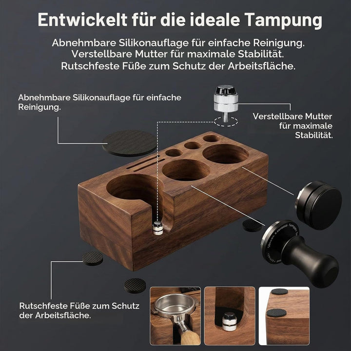 Espresso Tamperstation 58mm Tamperstation mit Abklopfbehälter Holz | Coffee Tamping Station 5 Steckp