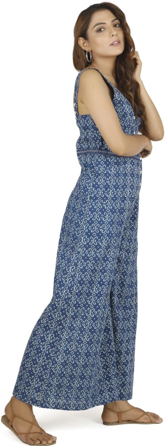GURU SHOP Sommerliche Latzhose, Ethno Style Oversize Einteiler, Blockdruck Overall, Damen, Baumwolle