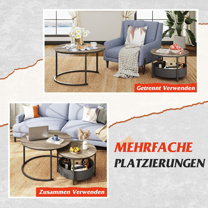 WLIVE Runder Couchtisch 2er Set, Moderne Wohnzimmertisch Rund, Beistelltisch mit Korb aus Stoff, 80