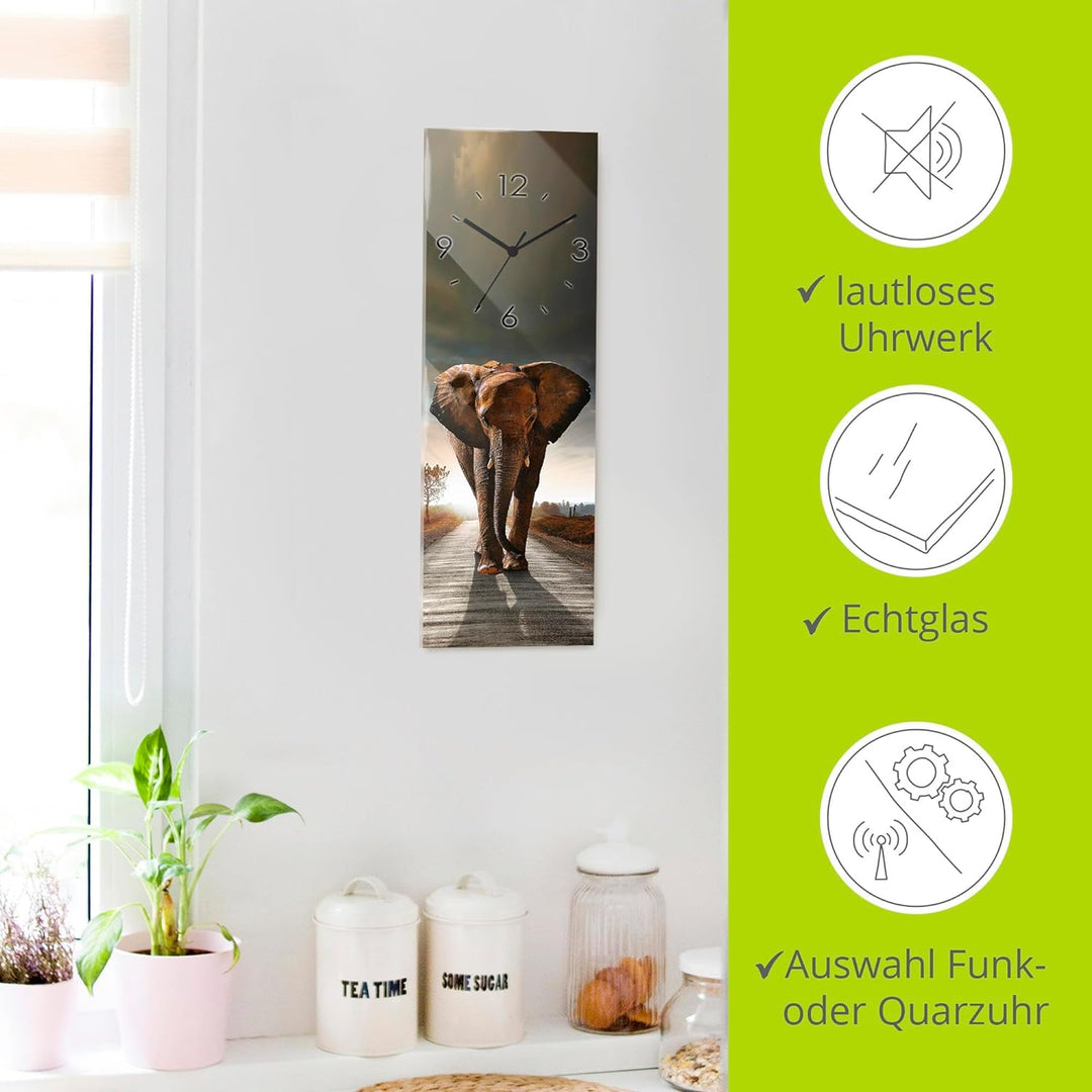 ARTLAND Wanduhr ohne Tickgeräusche Glas Funkuhr 20x60 cm Rechteckig Lautlos Afrika Tiere Elefant Saf